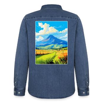 Mourne Mountains Vintage Reise Poster Souvenir - Männer Jeanshemd Organic von Stanley/Stella - verwaschenes Mittelblau  - Hinten - AI Model Male 185 light (185cm)