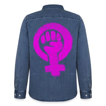 Feminist Emancipation Feminsm Feminism Equality - Men’s Organic Denim Shirt by Stanley/Stella - mid washy  - Back - AI Model Male 185 light (185cm)