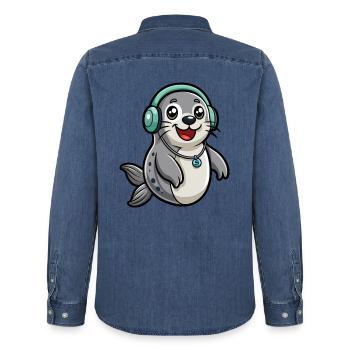Seal Funny Cartoon Character Headphone Music - Men’s Organic Denim Shirt by Stanley/Stella - mid washy  - Back - AI Model Male 185 light (185cm)
