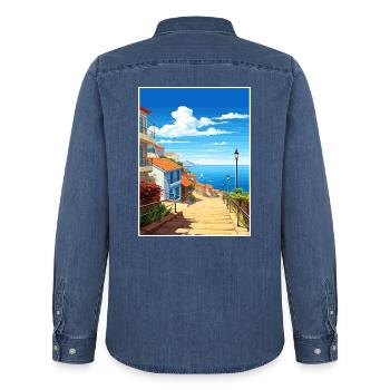 Nazare Portugal Vintage Reiseposter WPA Souvenir - Männer Jeanshemd Organic von Stanley/Stella - verwaschenes Mittelblau  - Hinten - AI Model Male 185 light (185cm)