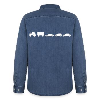 Traktor Anhänger Autos - Männer Jeanshemd Organic von Stanley/Stella - verwaschenes Mittelblau  - Hinten - AI Model Male 185 light (185cm)