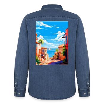 Palma Nova Spain Vintage Travel Poster Souvenir - Men’s Organic Denim Shirt by Stanley/Stella - mid washy  - Back - AI Model Male 185 light (185cm)