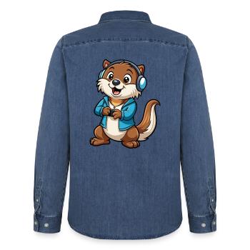 Loutre Funny Cartoon Character Musique de casque - Chemise en denim homme bio Stanley/Stella - bleu moyen délavé  - Dos - AI Model Male 185 light (185cm)