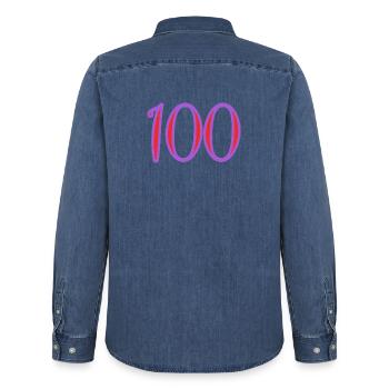 100. 100 YEARS. 100th ANNIVERSARY. 100 BIRTHDAY - Men’s Organic Denim Shirt by Stanley/Stella - mid washy  - Back - AI Model Male 185 light (185cm)