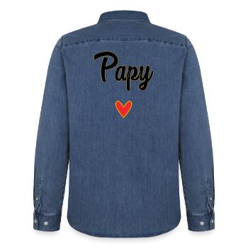PAPY. PAPA. FÊTE DES PÈRES. BONNE FÊTE PAPA - Chemise en denim homme bio Stanley/Stella - bleu moyen délavé  - Dos - AI Model Male 185 light (185cm)