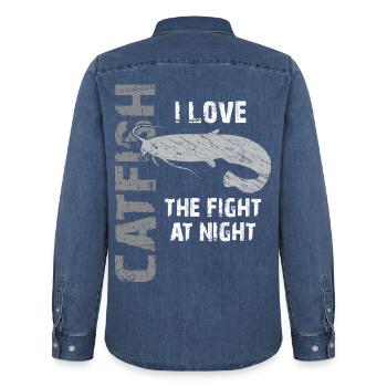 Catfish Fishing Sport Fishing Strong Fish - Men’s Organic Denim Shirt by Stanley/Stella - mid washy  - Back - AI Model Male 185 light (185cm)