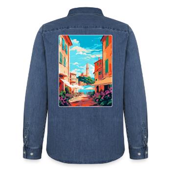 St Tropez France Affiche de voyage vintage souvenir - Chemise en denim homme bio Stanley/Stella - bleu moyen délavé  - Dos - AI Model Male 185 light (185cm)