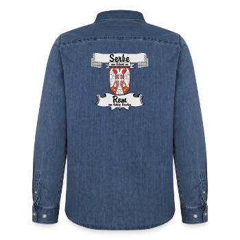Serbe de naissance. Rome par la grâce de Dieu. - Chemise en denim homme bio Stanley/Stella - bleu moyen délavé  - Dos - AI Model Male 185 light (185cm)