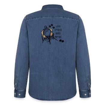 Less Stress More Coffee - Men’s Organic Denim Shirt by Stanley/Stella - mid washy  - Back - AI Model Male 185 light (185cm)