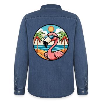 Flamingo Lustige Cartoon Sommer Strand Sonnenbrille - Männer Jeanshemd Organic von Stanley/Stella - verwaschenes Mittelblau  - Hinten - AI Model Male 185 light (185cm)