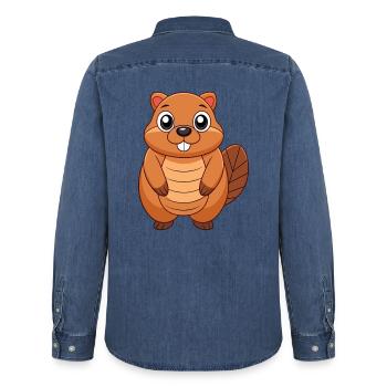 Biber Niedliche Maskottchen Zeichentrickfigur Kawaii - Männer Jeanshemd Organic von Stanley/Stella - verwaschenes Mittelblau  - Hinten - AI Model Male 185 light (185cm)