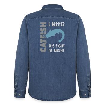 Catfish fishing fight with the strong catfish - Men’s Organic Denim Shirt by Stanley/Stella - mid washy  - Back - AI Model Male 185 light (185cm)