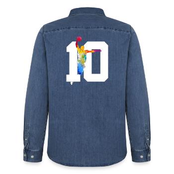 NUMÉRO 10 : 10E ANNIVERSAIRE DE BASKET-BALL - Chemise en denim homme bio Stanley/Stella - bleu moyen délavé  - Dos - AI Model Male 185 light (185cm)
