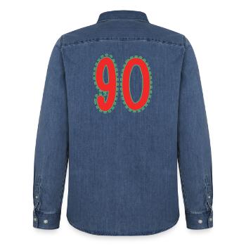90. 90 YEARS. 90th ANNIVERSARY. 90 YEARS ANNIVERSARY. - Men’s Organic Denim Shirt by Stanley/Stella - mid washy  - Back - AI Model Male 185 light (185cm)