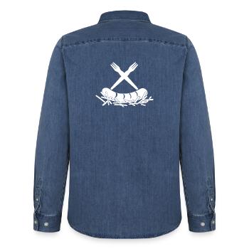 French Fries Currywurst French Fries Forks Logo - Men’s Organic Denim Shirt by Stanley/Stella - mid washy  - Back - AI Model Male 185 light (185cm)