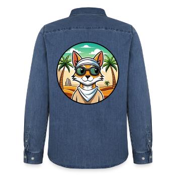 Arabische Mau-Katzenrasse Cartoon-Sonnenbrille Strand - Männer Jeanshemd Organic von Stanley/Stella - verwaschenes Mittelblau  - Hinten - AI Model Male 185 light (185cm)