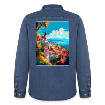 Viana Do Castelo Portugal Vintage Reiseposter - Männer Jeanshemd Organic von Stanley/Stella - verwaschenes Mittelblau  - Hinten - AI Model Male 185 light (185cm)