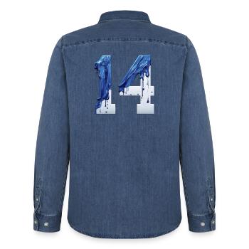 NON. 14 NUMÉRO 14 BLEU BLANC 14E ANNIVERSAIRE - Chemise en denim homme bio Stanley/Stella - bleu moyen délavé  - Dos - AI Model Male 185 light (185cm)