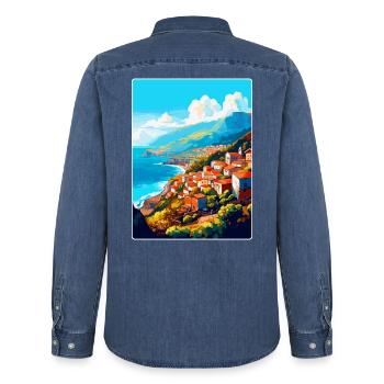 Madère Portugal Affiche de voyage vintage souvenir - Chemise en denim homme bio Stanley/Stella - bleu moyen délavé  - Dos - AI Model Male 185 light (185cm)