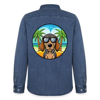 Noir Et Tan Coonhound Race Chien Dessin Animé Plage - Chemise en denim homme bio Stanley/Stella - bleu moyen délavé  - Dos - AI Model Male 185 light (185cm)