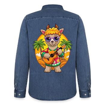 Lunettes de soleil de plage d’été de dessin animé d’alpaga drôle - Chemise en denim homme bio Stanley/Stella - bleu moyen délavé  - Dos - AI Model Male 185 light (185cm)