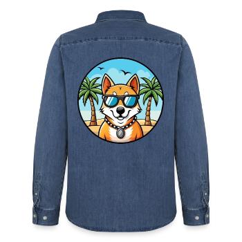 Indischer Spitz Hund Rasse Cartoon Sonnenbrille Strand - Männer Jeanshemd Organic von Stanley/Stella - verwaschenes Mittelblau  - Hinten - AI Model Male 185 light (185cm)