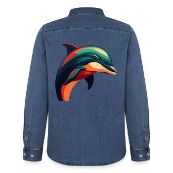 Delfin Cartoon Figur Buntes Haustier Tier - Männer Jeanshemd Organic von Stanley/Stella - verwaschenes Mittelblau  - Hinten - AI Model Male 185 light (185cm)