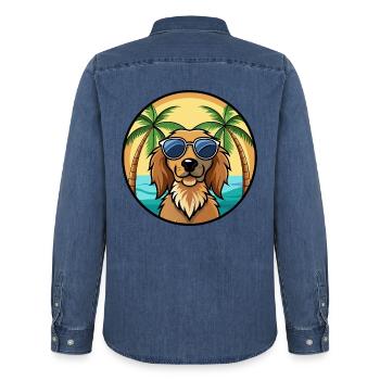 Field Spaniel Hund Rasse Cartoon Sonnenbrille Strand - Männer Jeanshemd Organic von Stanley/Stella - verwaschenes Mittelblau  - Hinten - AI Model Male 185 light (185cm)