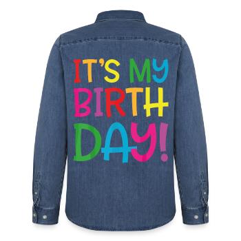 It's my birthday - Men’s Organic Denim Shirt by Stanley/Stella - mid washy  - Back - AI Model Male 185 light (185cm)