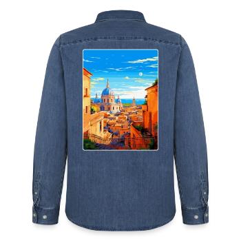 Rom Italien Vintage Reiseplakat Souvenir Souvenir - Männer Jeanshemd Organic von Stanley/Stella - verwaschenes Mittelblau  - Hinten - AI Model Male 185 light (185cm)