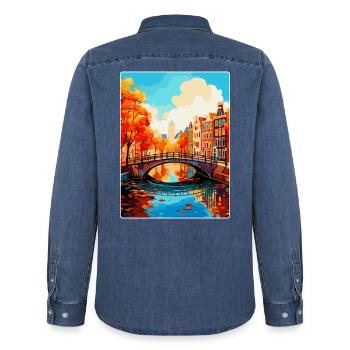 Amsterdam Niederlande Vintage Reiseplakat WPA - Männer Jeanshemd Organic von Stanley/Stella - verwaschenes Mittelblau  - Hinten - AI Model Male 185 light (185cm)