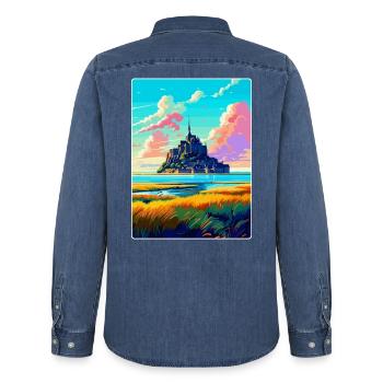 Mont Saint Michel Frankreich Vintage Reiseposter WPA - Männer Jeanshemd Organic von Stanley/Stella - verwaschenes Mittelblau  - Hinten - AI Model Male 185 light (185cm)