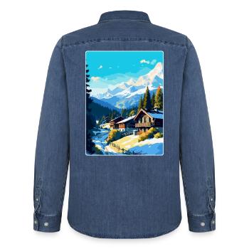 Megève France Affiche de voyage vintage WPA Souvenir - Chemise en denim homme bio Stanley/Stella - bleu moyen délavé  - Dos - AI Model Male 185 light (185cm)