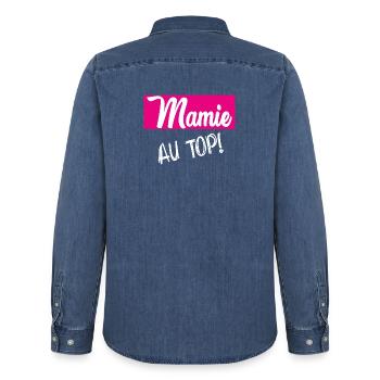 MAMIE. GRAND-MERE. FÊTE DES MÈRES. BONNE FÊTE - Chemise en denim homme bio Stanley/Stella - bleu moyen délavé  - Dos - AI Model Male 185 light (185cm)