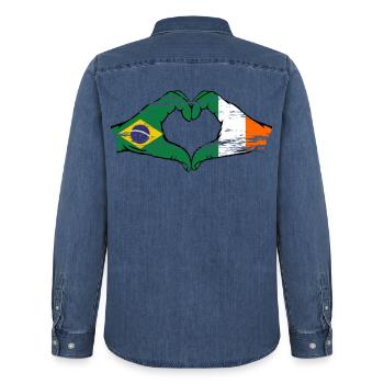 Brésil Irlande Drapeau Aiguilles Coeur Forme Utilisé - Chemise en denim homme bio Stanley/Stella - bleu moyen délavé  - Dos - AI Model Male 185 light (185cm)