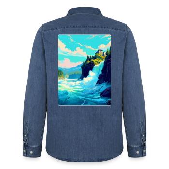 Rheinfall Schweiz Vintage Reiseplakat WPA - Männer Jeanshemd Organic von Stanley/Stella - verwaschenes Mittelblau  - Hinten - AI Model Male 185 light (185cm)