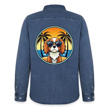 Cavalier King Charles Spaniel Race Chien Dessin animé - Chemise en denim homme bio Stanley/Stella - bleu moyen délavé  - Dos - AI Model Male 185 light (185cm)