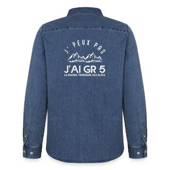 J'peux pas j'ai GR 5 – Randonnée Alpes - Chemise en denim homme bio Stanley/Stella - bleu moyen délavé  - Dos - AI Model Male 185 light (185cm)