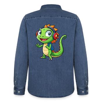 Eidechse Lustige Zeichentrickfigur Kopfhörer Musik - Männer Jeanshemd Organic von Stanley/Stella - verwaschenes Mittelblau  - Hinten - AI Model Male 185 light (185cm)