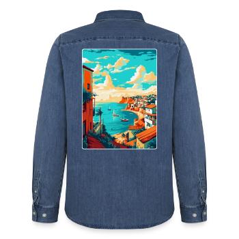 Lagos Portugal Affiche de voyage vintage souvenir WPA - Chemise en denim homme bio Stanley/Stella - bleu moyen délavé  - Dos - AI Model Male 185 light (185cm)