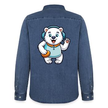 Polar Bear Funny Cartoon Character Headphone Music - Men’s Organic Denim Shirt by Stanley/Stella - mid washy  - Back - AI Model Male 185 light (185cm)