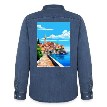 Piran Slovénie Affiche de voyage vintage Souvenir WPA - Chemise en denim homme bio Stanley/Stella - bleu moyen délavé  - Dos - AI Model Male 185 light (185cm)