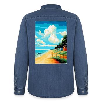 Norfolk Küste Vintage Reise Poster Souvenir WPA - Männer Jeanshemd Organic von Stanley/Stella - verwaschenes Mittelblau  - Hinten - AI Model Male 185 light (185cm)