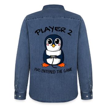 Second baby player 2 baby penguin pregnant - Men’s Organic Denim Shirt by Stanley/Stella - mid washy  - Back - AI Model Male 185 light (185cm)
