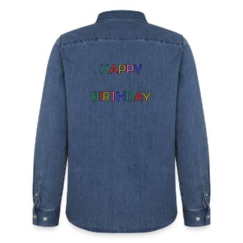 HAPPY BIRTHDAY. ANNIVERSAIRE. BON ANNIVERSAIRE - Chemise en denim homme bio Stanley/Stella - bleu moyen délavé  - Dos - AI Model Male 185 light (185cm)