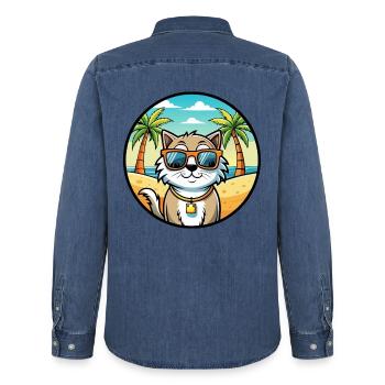 Ragamuffin Katzenrasse Cartoon Sonnenbrille Strand - Männer Jeanshemd Organic von Stanley/Stella - verwaschenes Mittelblau  - Hinten - AI Model Male 185 light (185cm)