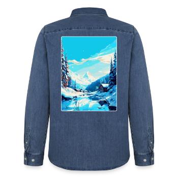 Val D Isère France Affiche de voyage vintage souvenir - Chemise en denim homme bio Stanley/Stella - bleu moyen délavé  - Dos - AI Model Male 185 light (185cm)
