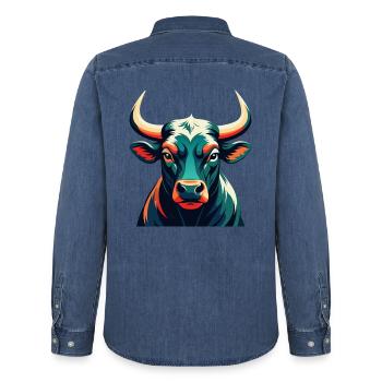 Taureau Personnage De Dessin Animé Animal De Compagnie Coloré - Chemise en denim homme bio Stanley/Stella - bleu moyen délavé  - Dos - AI Model Male 185 light (185cm)