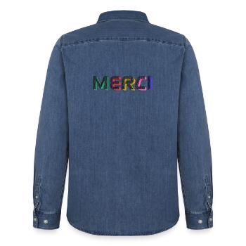 Thank you - Men’s Organic Denim Shirt by Stanley/Stella - mid washy  - Back - AI Model Male 185 light (185cm)