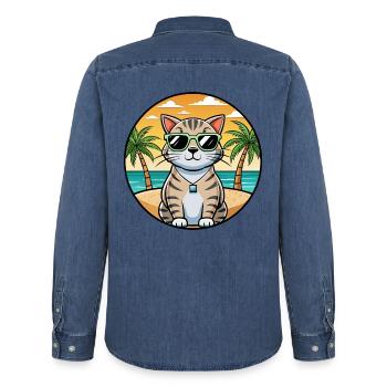 Schottische Falte Kurzhaarkatze Rasse Cartoon Strand - Männer Jeanshemd Organic von Stanley/Stella - verwaschenes Mittelblau  - Hinten - AI Model Male 185 light (185cm)